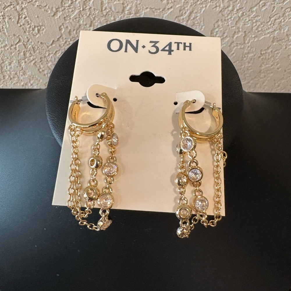 NEW On 34th Gold Tone Hoop & Chain with Crystals Earrings ~ PROM WEDDING